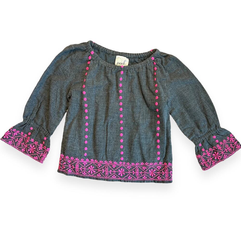 Peek Gray Pink Embroidered Bell Sleeve Flannel Top Girls 4-5